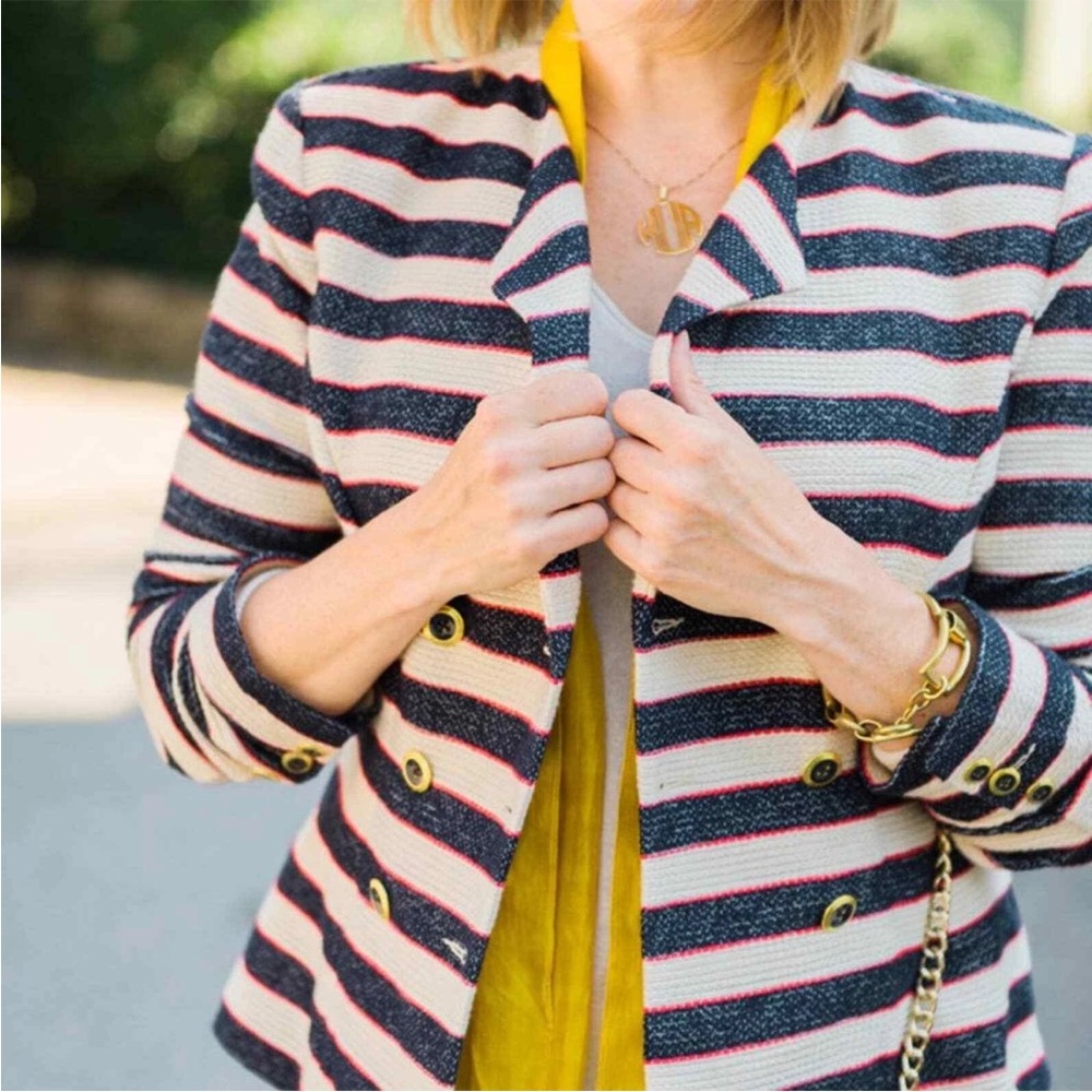 🛍️CAbi 5094 Cruise Jacket Womens sz 14 Nautical Navy Striped Blazer Tweed XL